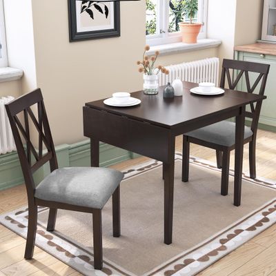 VilroCaz 3-Piece Kitchen Dining Set with Extendable Drop Leaf Dining Table and 2 Upholstered Dining Chair, Farmhouse Solid Wood Compact Kitchen Dining Room Set for Small Space (Espresso-3EX)