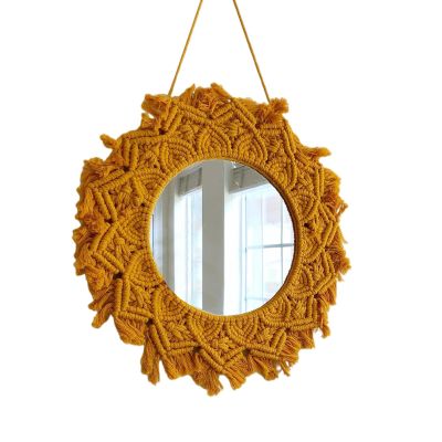 Boho Wall Decor Mirror, Circle Hanging Mirror Fringe Round Handmade Decorative Acrylic Mirror with Macrame Fringe for Apartment Living Room Bedroom Baby Nursery Home Decor