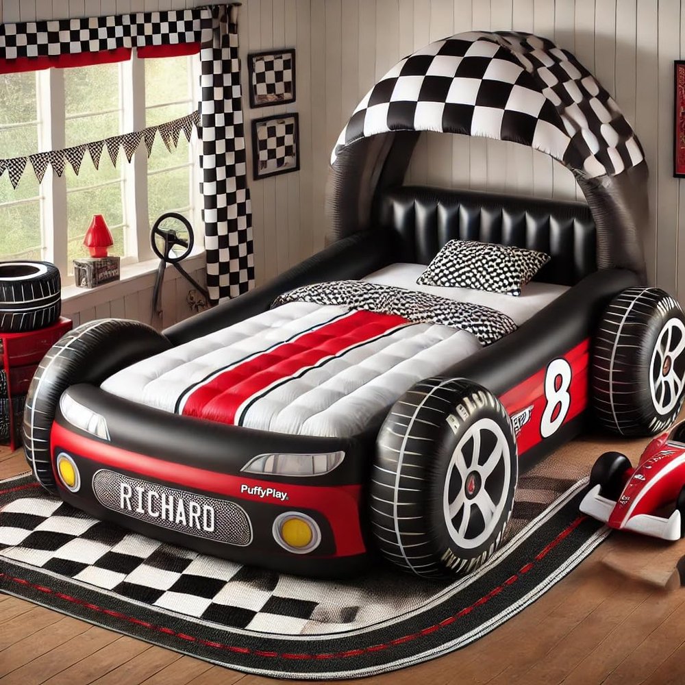 Justina James Inflatable Race Car Bed - PuffyPlay Designs - Red - (Mattress Not Included)