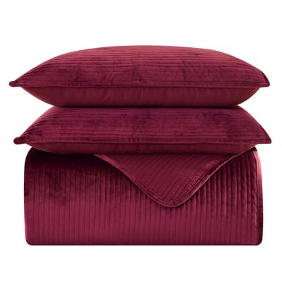 Elegant Comfort Luxury 3-Piece Velvet Corduroy Stripe Quilt Set, Ultra Soft Bedspread - Cozy Velvet Coverlet Set - 3PC Medium Weight Quilted Set with Matching Pillow Shams, Full, Burgundy