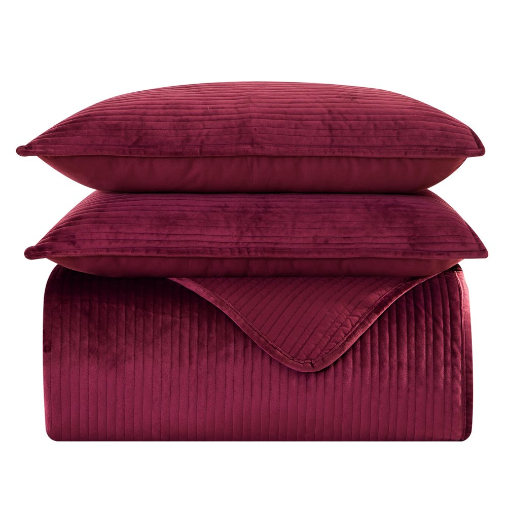 Elegant Comfort Luxury 3-Piece Velvet Corduroy Stripe Quilt Set, Ultra Soft Bedspread - Cozy Velvet Coverlet Set - 3PC Medium Weight Quilted Set with Matching Pillow Shams, Full, Burgundy