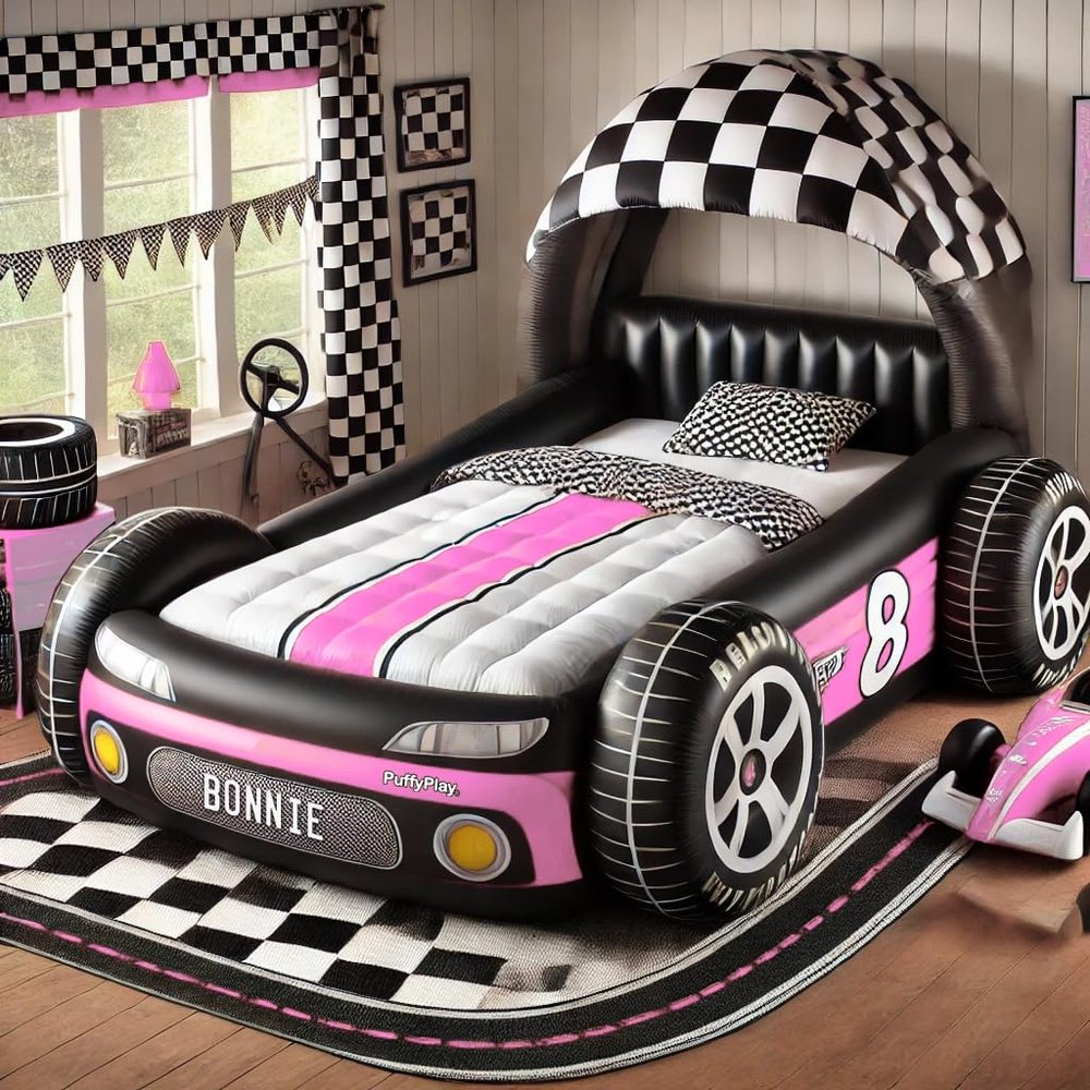 Justina James Inflatable Race Car Bed - PuffyPlay Designs - Pink - (Mattress Not Included)