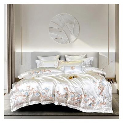 Luxury White Embroidery Egyptian Cotton Bedding Set Satin Smooth Duvet Cover Flat/Fitted Sheet Pillowcases 4Pcs,Bed