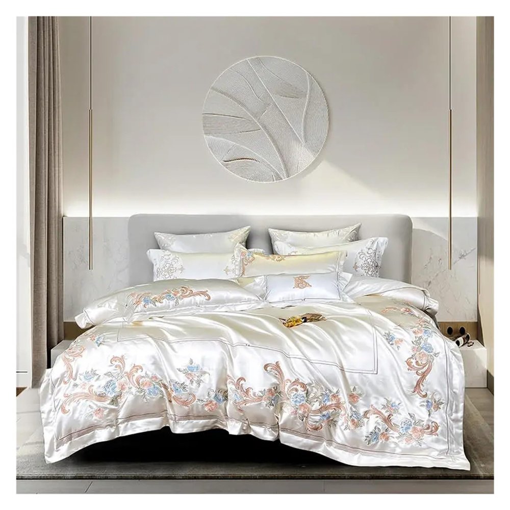 Luxury White Embroidery Egyptian Cotton Bedding Set Satin Smooth Duvet Cover Flat/Fitted Sheet Pillowcases 4Pcs,Bed