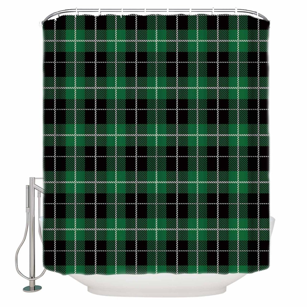Teamery Shower Curtain with Hooks, Christmas St. Patrick's Day Green Black Lattice Buffalo Check Decor Shower Curtains for Bathroom Waterproof Fabric Bathroom Accessories Bathtub Decor, 72"x72"