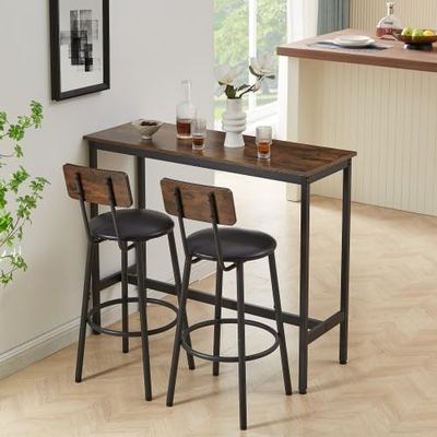 H.X.J. PERFECTLIFE 3-Piece bar Counter Set with 2 bar stools, PU Soft seat Chairs with backrests, 43 inch Wooden bar Counter, Kitchen Dining Table SetCounter Table with stools (Simple Brown)