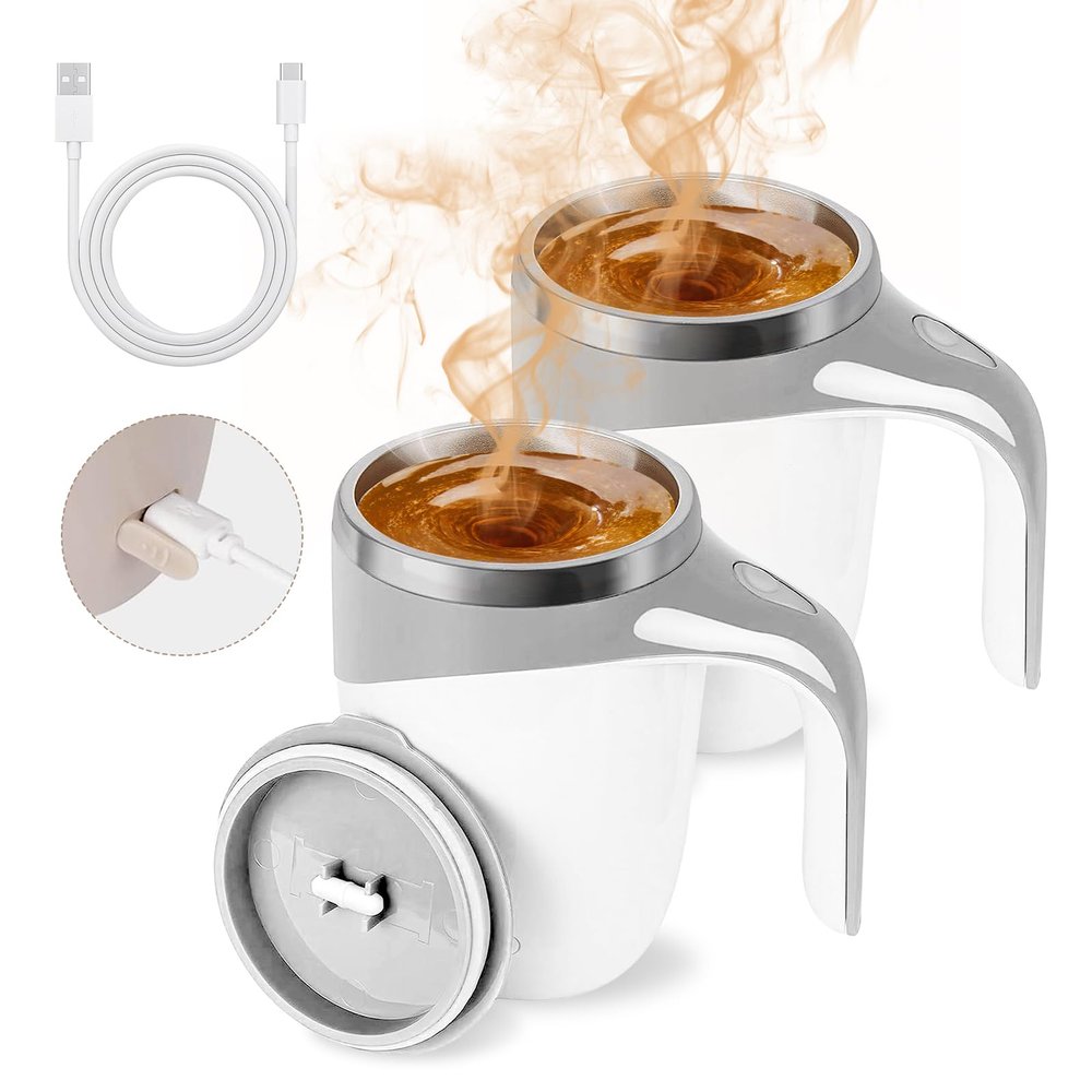 Automatic Magnetic Stirring Coffee Mug, 2025 New Self Stirring Mug With Lid, Stainless Steel Self Mixing Cup for Milk Tea (2, White)