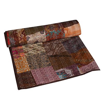 DecorAvenue Patchwork Kantha Quilt,Throw, Handmade Silk Bed Cover,Bedding Bedspread,Vintage Hand Stitch Gudri, Decorative Beach Blanket (Brown, King 108" x 108")