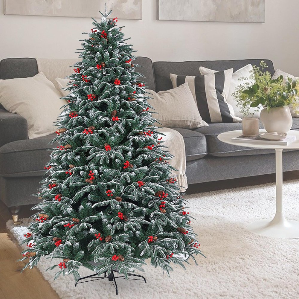 Naturalpowev Pre-Lit Christmas Tree 4ft/5ft/6ft/7ft/8ft/9ft/10ft, Artificial Xmas Tree with Pine Cone & Red Fruit, Metal Base, Indoor Holiday Party Office Home Store Decor,180cm/6ft
