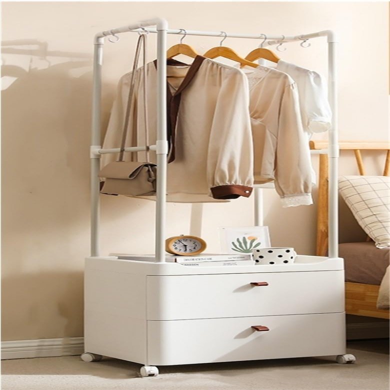 Bedside Table Clothes Hanger Bedside Table 2-in-1 Design with Wheels and Drawers Multi-Purpose Bedside Table Suitable for Bedrooms Living Rooms Vestibule(CH)