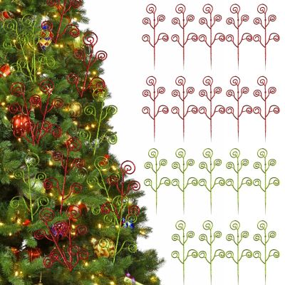 50 Pcs Sparkle Spiral Christmas Picks, Red Green Branch Decor, 11.8 X 9 Inch Glitter Curly Stems, Vase Filler, Holiday Tree Ornaments