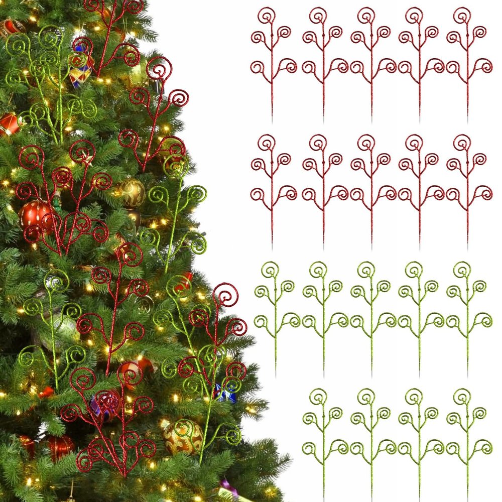 50 Pcs Sparkle Spiral Christmas Picks, Red Green Branch Decor, 11.8 X 9 Inch Glitter Curly Stems, Vase Filler, Holiday Tree Ornaments