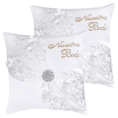 1 Pair of Wedding Kneeling Pillow Covers, 16X16 Inch Embroidered Nuestra Boda Kneeling Pillow, Satin and Lace Pearl Upscale Wedding Kneeling Pillow