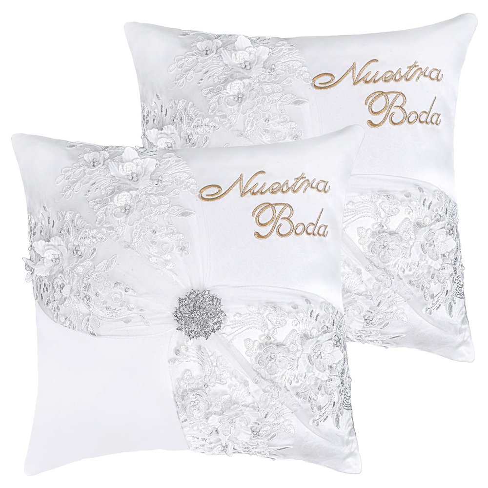 1 Pair of Wedding Kneeling Pillow Covers, 16X16 Inch Embroidered Nuestra Boda Kneeling Pillow, Satin and Lace Pearl Upscale Wedding Kneeling Pillow