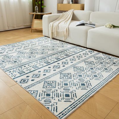 Loartee Geometric Moroccan Area Rug - 8x10 Large Machine Washable Mat, Stain Resistant, Low Pile Softer Texture Modern Carpet, White