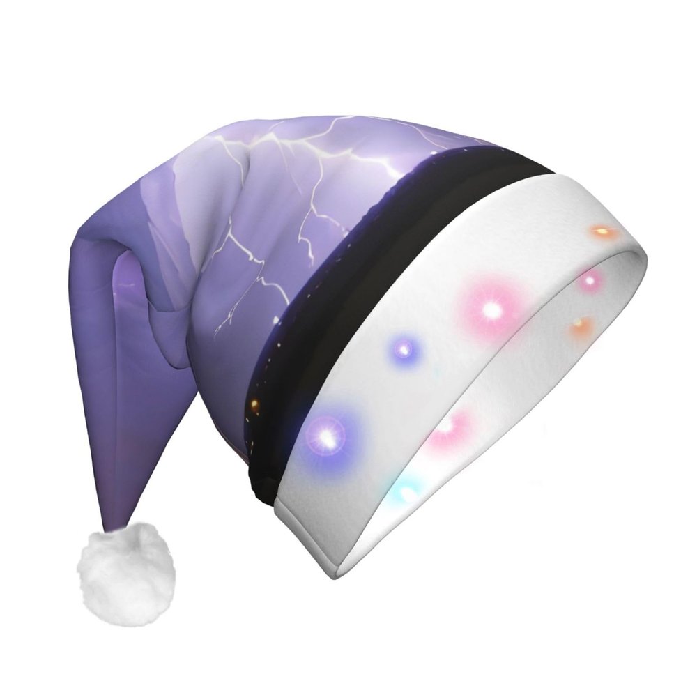 JxWCher Novelty LED Shine Santa Hat - Lightning Storm Print Festive Xmas Beanie for Adults, Holiday New Year Party Accessory Supplies