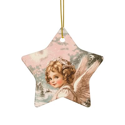 Vintage Ornaments, Christmas Pink Pastel Angel Ceramic Decor, Regency-Inspired Angel, 2 Shapes Circle and Star, Xmas Angel