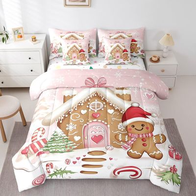 Erosebridal Cute Gingerbread Queen Bedding Set with Sheets, Pink Christmas Candy Xmas Tree Comforter, Winter Snowflake Bed Set 7 Piece with Fitted Sheet, Flat Sheet, Pillowcases