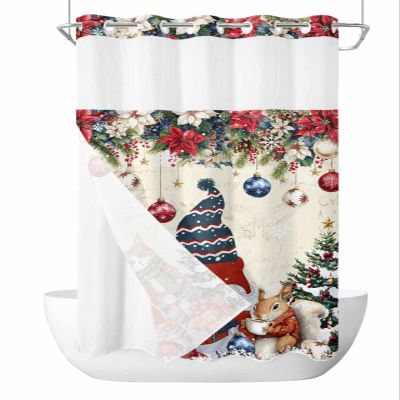 Christmas No Hooks Shower Curtain and Liner Set,Xmas Poinsettia Gnomes Snowflake Winter Tree Hotel Style Bathroom Shower Curtains Waterproof Small Stall Bath Spa Curtain with Sheer Window,36"x72"
