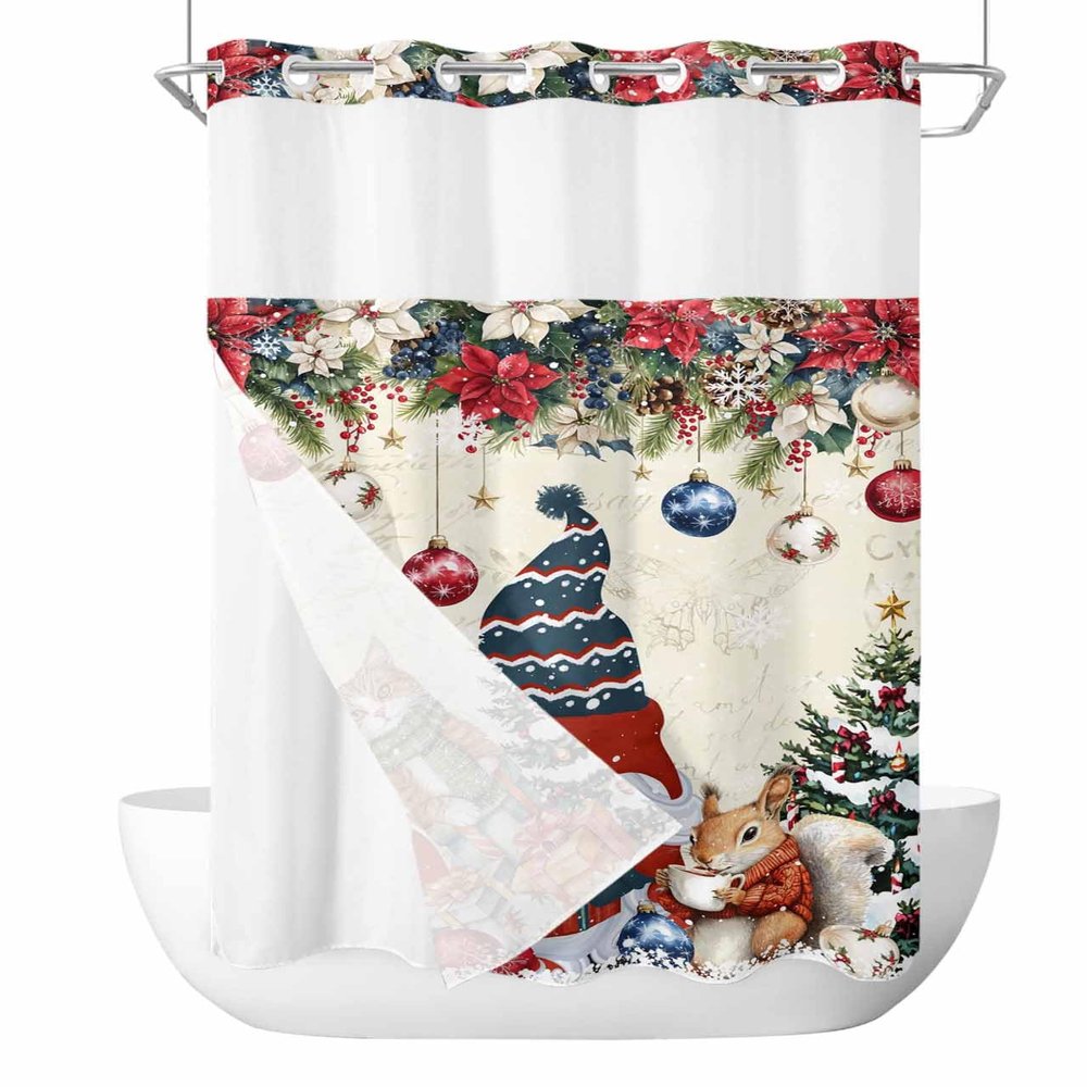Christmas No Hooks Shower Curtain and Liner Set,Xmas Poinsettia Gnomes Snowflake Winter Tree Hotel Style Bathroom Shower Curtains Waterproof Small Stall Bath Spa Curtain with Sheer Window,36"x72"