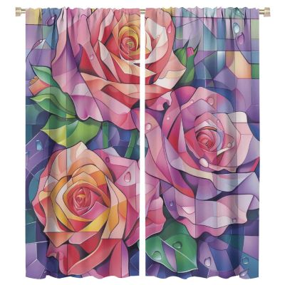 TOWINSFB Colorful Stained Glass Rose Blackout Curtains for Living Room Bedroom, Abstract Mosaic Rustic Floral Window Curtains Rod Pocket Thermal Insulated Window Drapes, 2 Panels, Each 21W x 54L