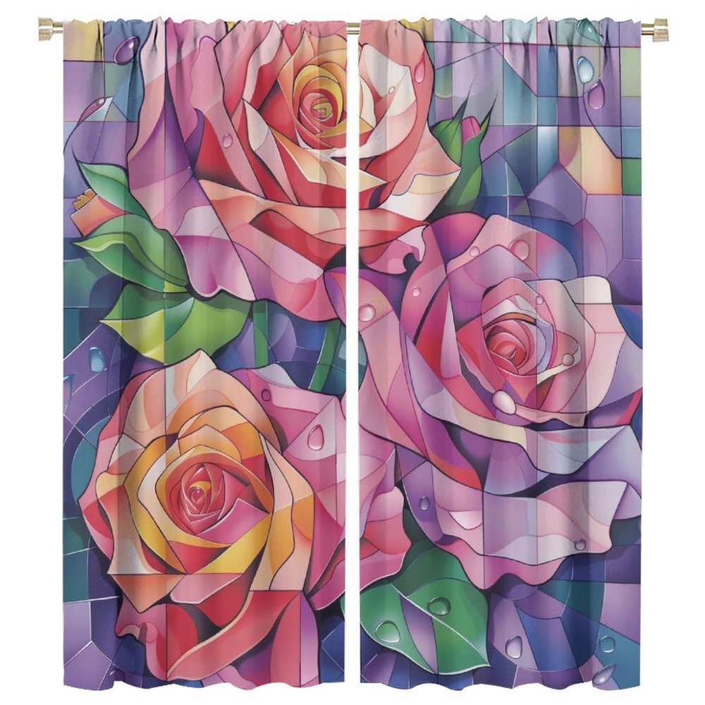 TOWINSFB Colorful Stained Glass Rose Blackout Curtains for Living Room Bedroom, Abstract Mosaic Rustic Floral Window Curtains Rod Pocket Thermal Insulated Window Drapes, 2 Panels, Each 21W x 54L