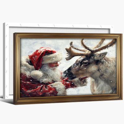 Meetmuses Vintage Christmas Canvas Wall Art, Wrapped Framed Winter Christmas Eve Painting Prints, Christmas Santa Elk Pictures Wall Decor for Living Room, Bedroom as Christmas Decorations 18x24 Inch
