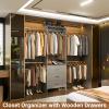 Aheaplus Closet System, Closet Organizer with 3 Wooden Drawers, Closet Organizer System, Walk-in Closet Wardrobe Clothes Rack with 4 Hanging Rods, Garment Rack, -4R, Grey view 2