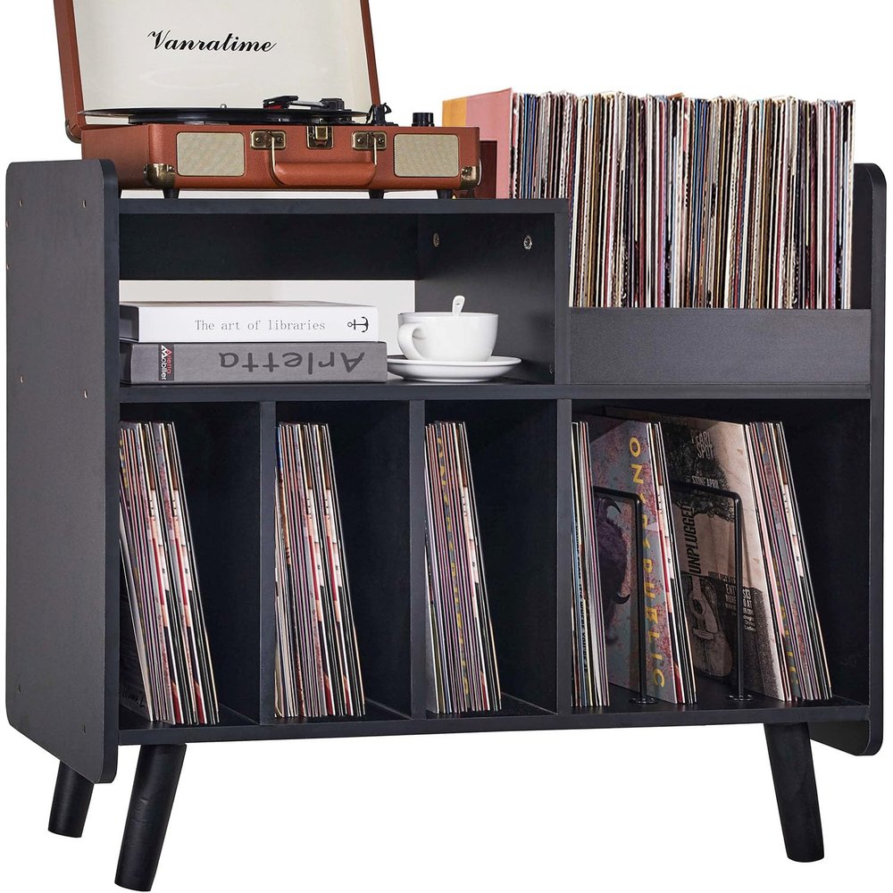 BEROXII Record Player Stand, Large Record Player Table Cabinet with Open Vinyl Storage and Display Shelf Holds up to 350 Albums, Mid Century Wood Turntable for Living Room, Bedroom, (Black) (..Black..)