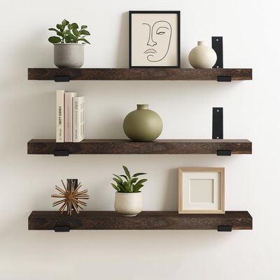 CONSDAN 36 inch Floating Shelves, Solid Paulownia Wood, Burnt Wood Light Weight, Wall Shelves for Bedroom, Bathroom, Living Room, Kitchen, 36x7.5x1.5 in, Set of 3