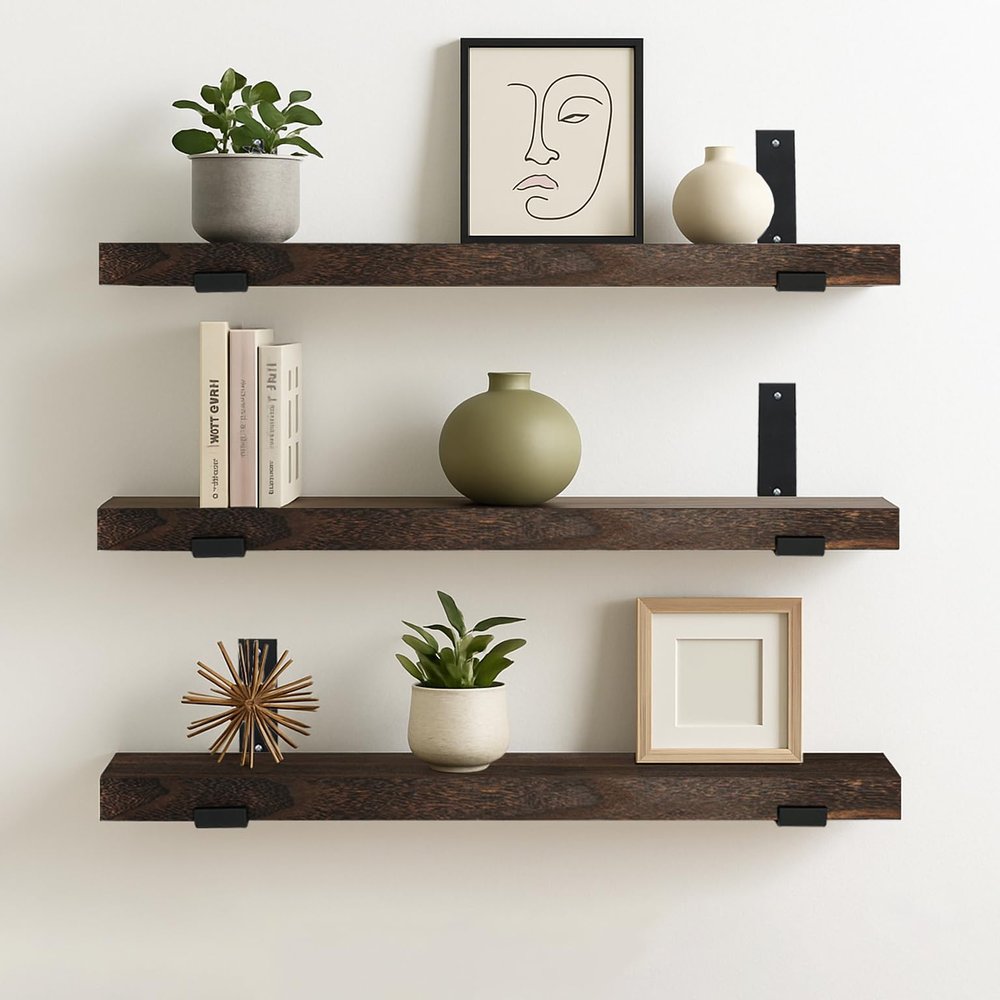 CONSDAN 36 inch Floating Shelves, Solid Paulownia Wood, Burnt Wood Light Weight, Wall Shelves for Bedroom, Bathroom, Living Room, Kitchen, 36x7.5x1.5 in, Set of 3