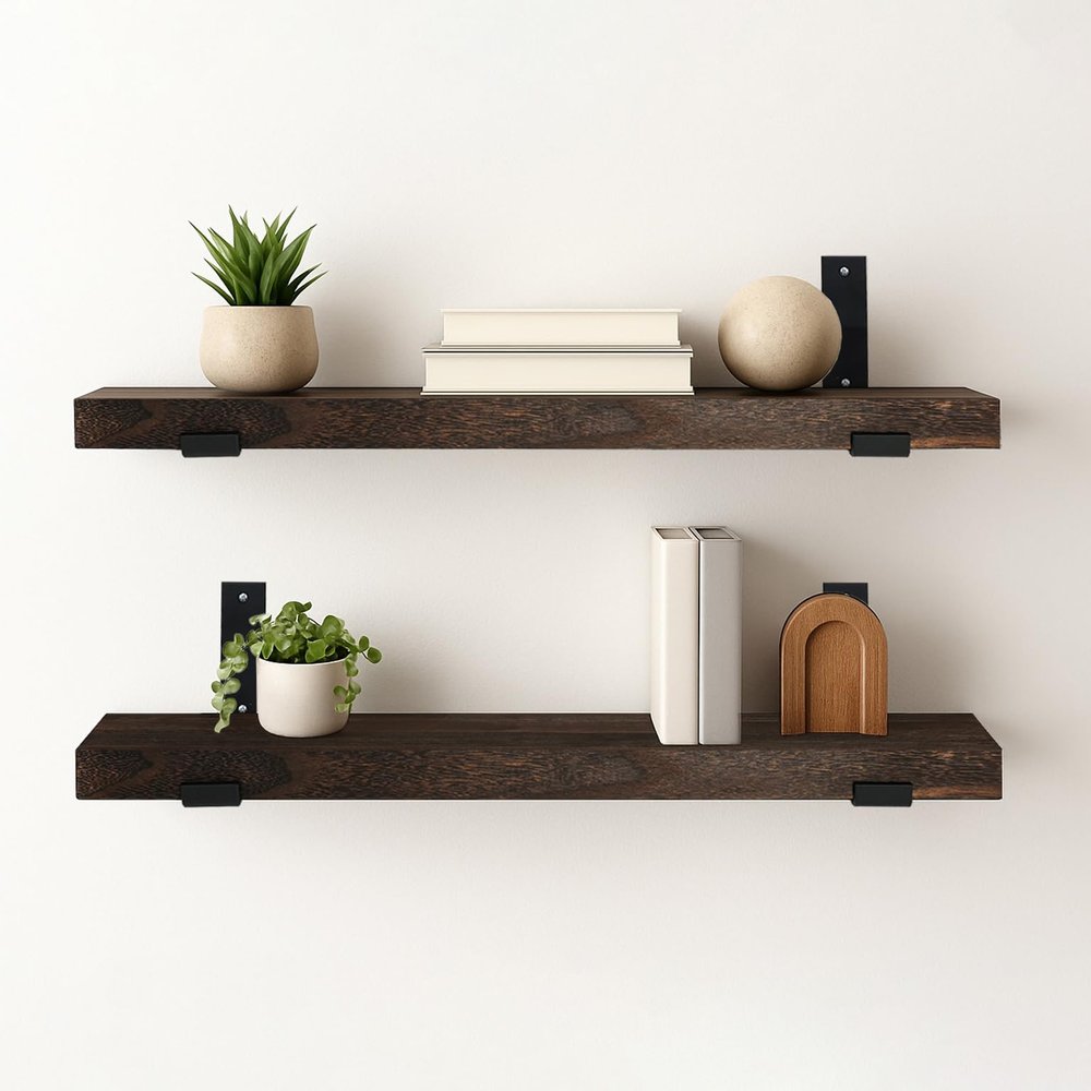 CONSDAN 48 inch Floating Shelves, Solid Paulownia Wood, Burnt Wood Light Weight, Wall Shelves for Bedroom, Bathroom, Living Room, Kitchen, 48x7.5x1.5 in, Set of 2