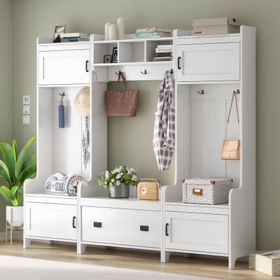 Knocbel Modern 4-in-1 Hall Tree with Storage Drawer, Multi Function Coat Rack with 7 Metal Hooks, Shoe Bench Storage Cabinets Organizer with Shelves, 15" D x 78.7" W x 72" H White