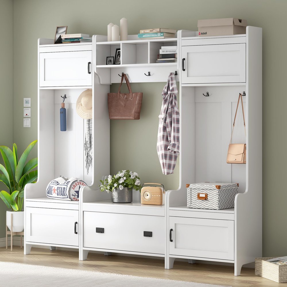 Knocbel Modern 4-in-1 Hall Tree with Storage Drawer, Multi Function Coat Rack with 7 Metal Hooks, Shoe Bench Storage Cabinets Organizer with Shelves, 15" D x 78.7" W x 72" H White