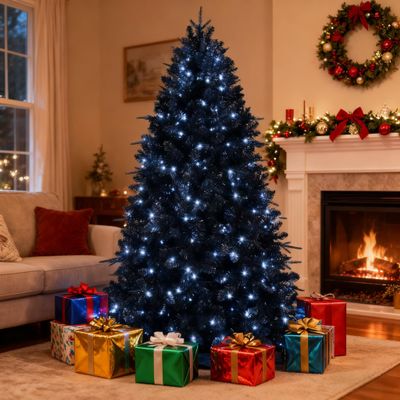 7FT Black Christmas Tree Prelit, Pre Lit Christmas Tree with 450 Cold White Lights & 1916 Tips, Black Halloween Tree with Metal Foldable Stand, Artificial Hinged Xmas Tree for Party Decoration