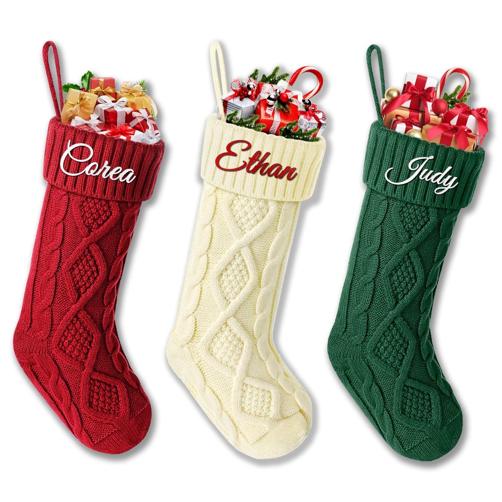 Bianspz Personalized Christmas Stockings 3 Pack, Custom Christmas Stockings with Names, 18 Large Knitted Xmas Stocking for Family Kids, Fireplace Hanging Holiday Christmas Party Decoration