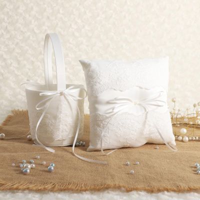 belupai Cute Wedding Flower Basket with Bow, Rings Bearer Pillow with Lace and Bow,White Flower Girl Basket and Rings Bearer Pillow Set for Wedding Ceremony Proposal Anniversary