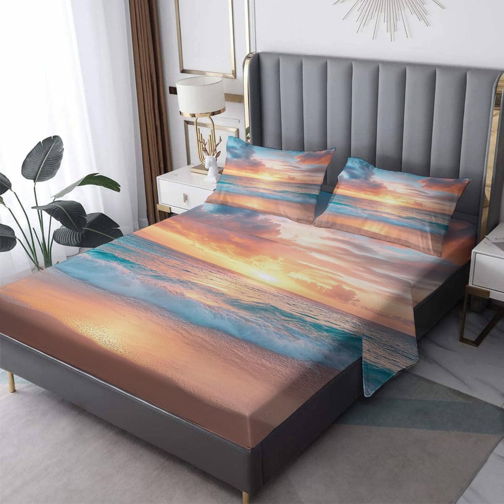 NOGAWA Sunset Ocean Beach Sheets King, Sea Tropical Landscape Bed Sheets, Deep Pocket & Soft Microfiber Bedding Sheets & Pillowcases 4 Piece - Fitted Sheet & Flat Sheet & 2 Pillow Cases
