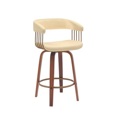 HomeRoots 26" Cream and Wood Brown Faux Leather Swivel Counter Height Bar Chair