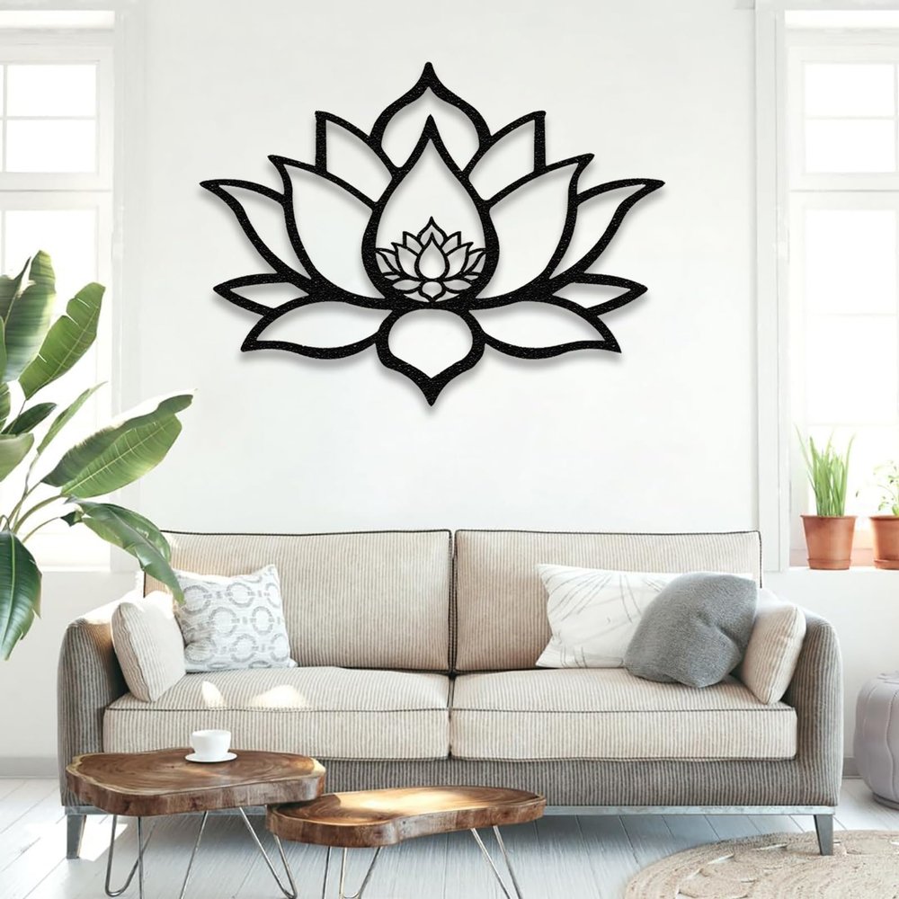 Lotus Flower Metal Wall Art, Lotus Flower Wall Decor, Flower Metal Wall, Yoga Wall Art, Mandala Wall Art, Meditation Decor, Spiritual Decor, Home Wall Decor (Black, 48"x35"|121x89cm, Metal Wall Art)