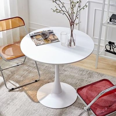 White Round Modern Dining Table, 24 inch MDF top and Steel Base Tulip Round Kitchen Table, 2-Person Small Coffee Table