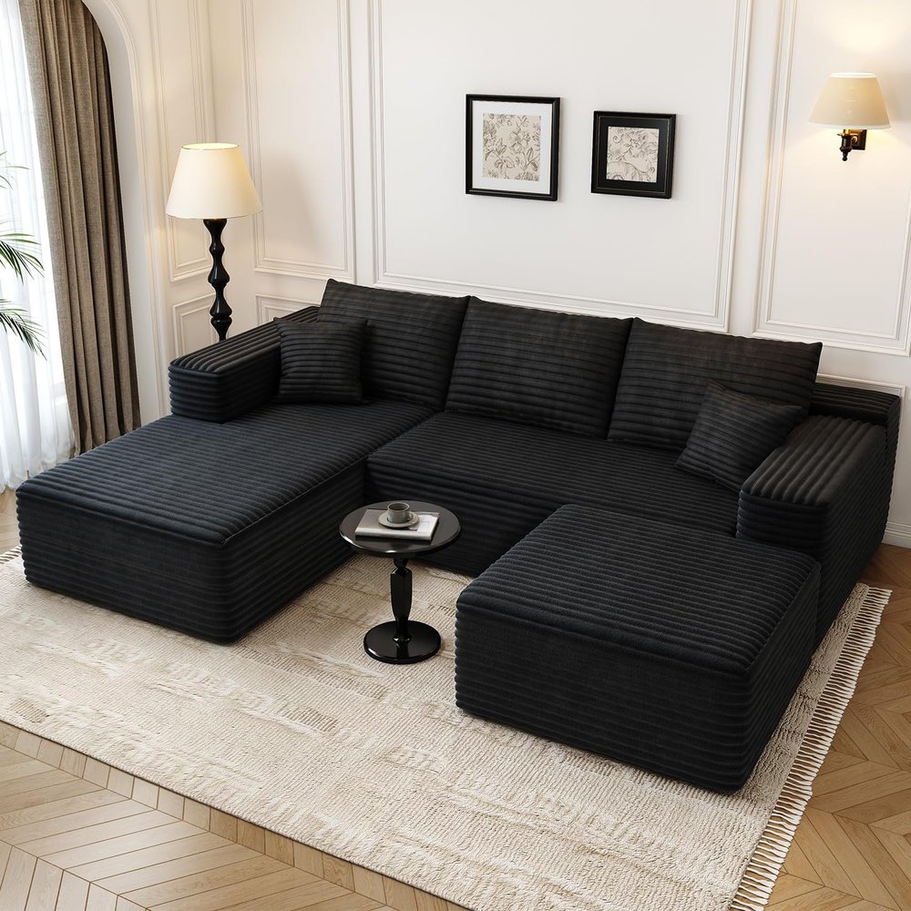 107.5" Cloud Modular Sectional Sofa with 1 Ottoman,Modern Minimalist Upholstered Couches, Comfort U Shaped Sofa for Living Room,Deep Seat Corner CouchNo Assembly Required (Black,Left Facing Chaise)