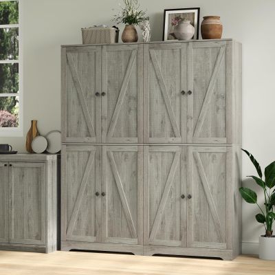 NOVAMAISON Kitchen Pantry Cabinet Set of 2, 72 Tall Farmhouse Storage Cabinet with 4 Barn Doors and Adjustable Shelves, Pantry Storage for Kitchen, Living Room, Grey