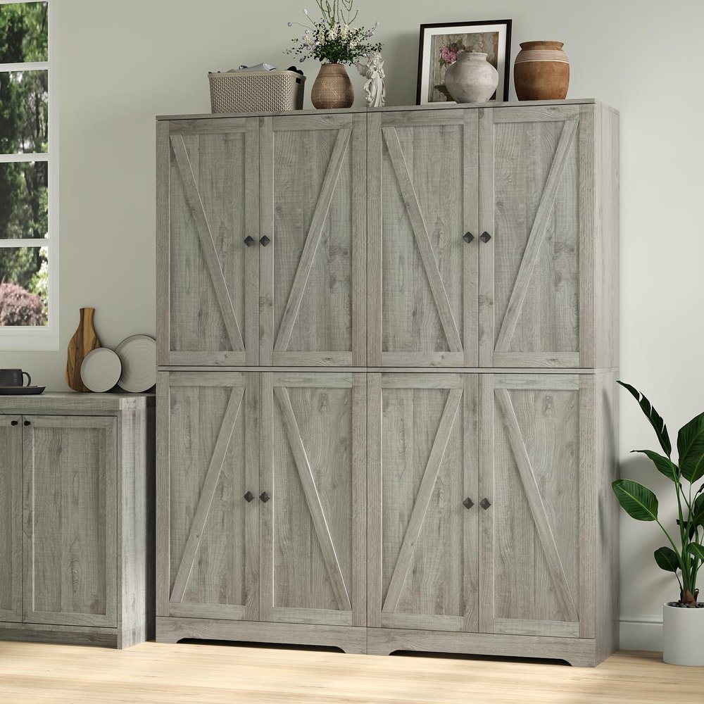 NOVAMAISON Kitchen Pantry Cabinet Set of 2, 72 Tall Farmhouse Storage Cabinet with 4 Barn Doors and Adjustable Shelves, Pantry Storage for Kitchen, Living Room, Grey