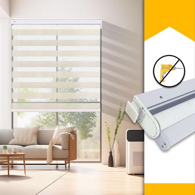 No Drill No Tools Zebra Shades for Windows, Cordless Blackout Zebra Blinds, Custom Size Easy Install Free-Stop Dual Layer Light Control for Home, Office,Beige-50% Blackout, 21" W x 64" H