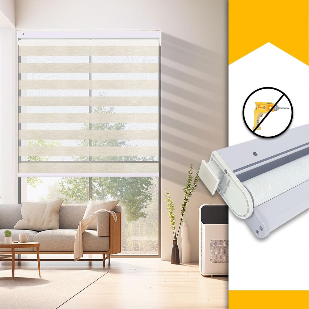 No Drill No Tools Zebra Shades for Windows, Cordless Blackout Zebra Blinds, Custom Size Easy Install Free-Stop Dual Layer Light Control for Home, Office,Beige-50% Blackout, 21" W x 64" H