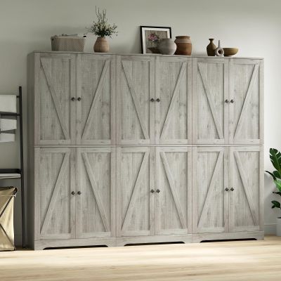 NOVAMAISON Kitchen Pantry Cabinet Set of 3, 72' Tall Farmhouse Storage Cabinet with 4 Barn Doors and Adjustable Shelves, Versatile Storage for Kitchen, Living Room, Grey