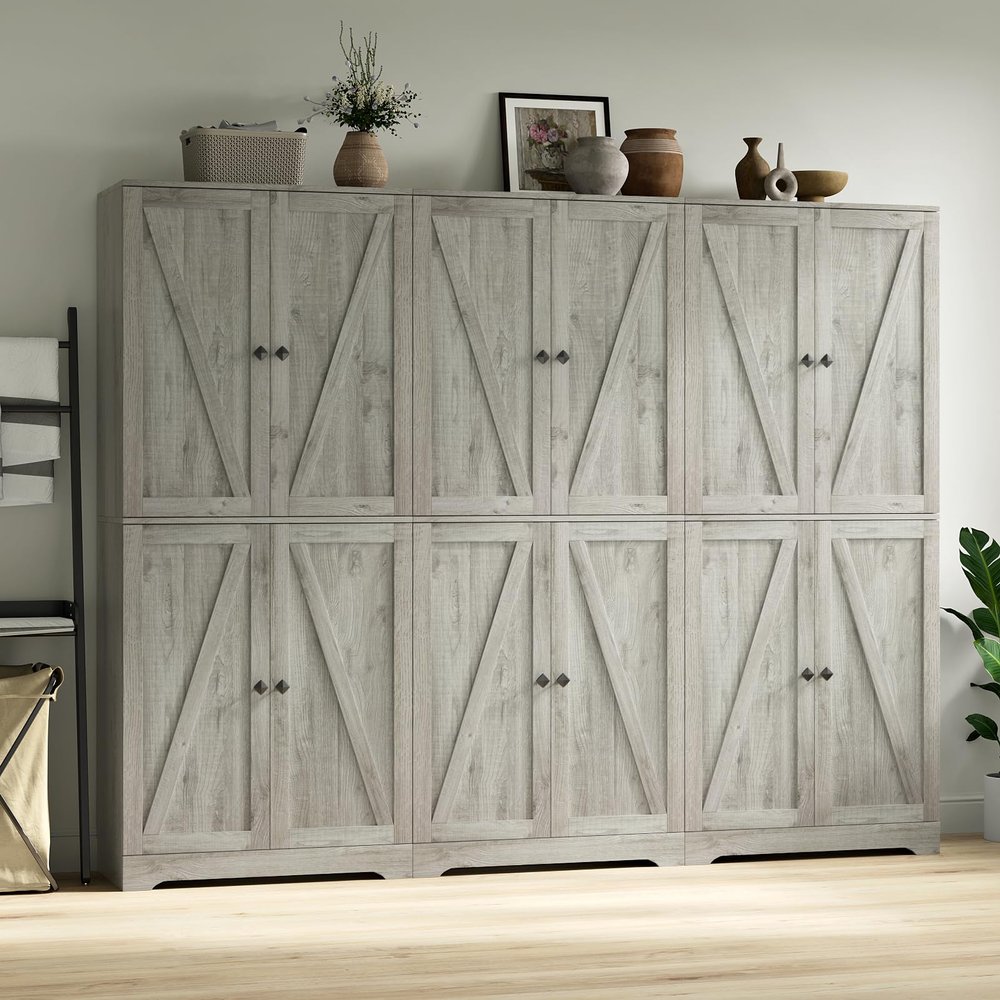 NOVAMAISON Kitchen Pantry Cabinet Set of 3, 72' Tall Farmhouse Storage Cabinet with 4 Barn Doors and Adjustable Shelves, Versatile Storage for Kitchen, Living Room, Grey