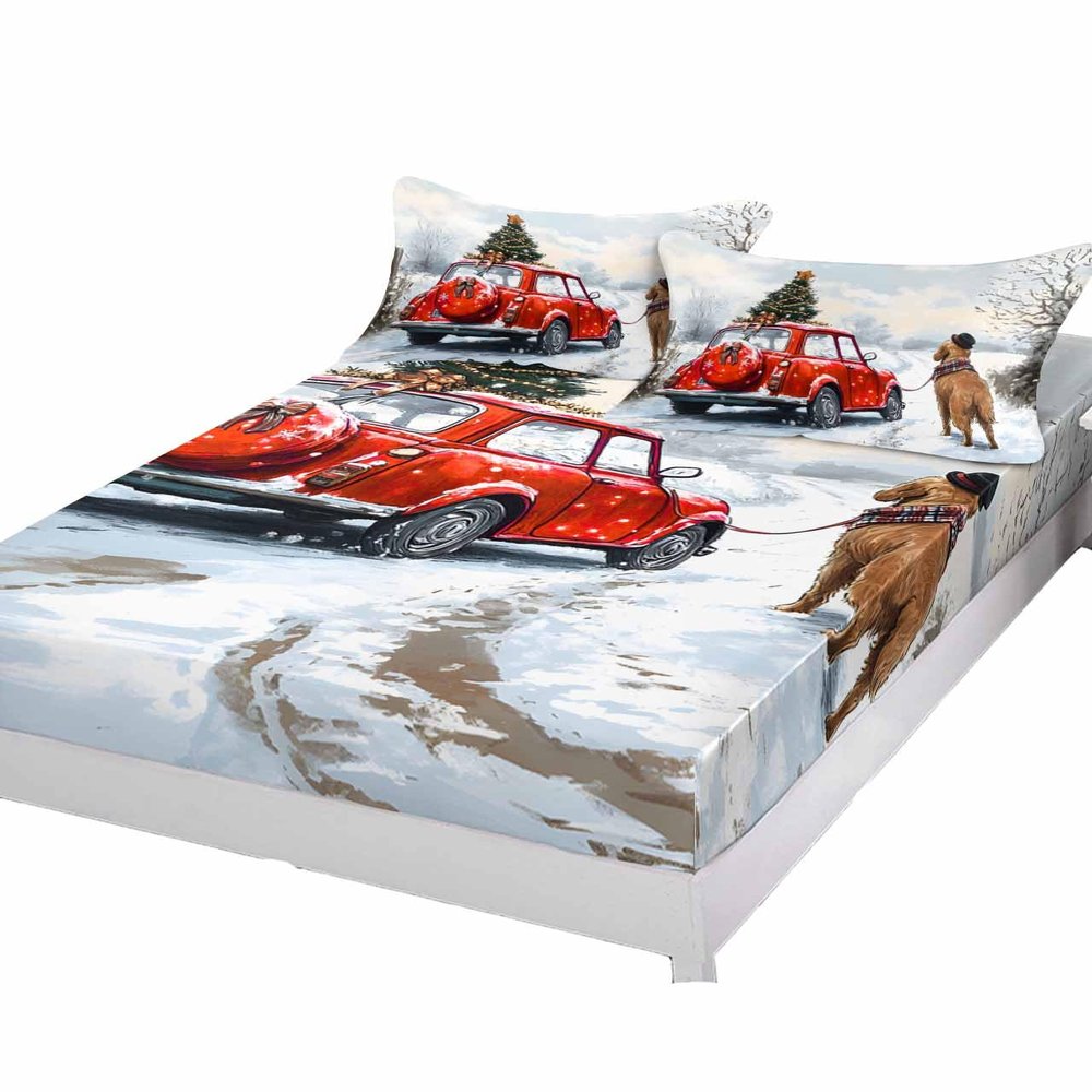 3 Piece King Fitted Sheet Set Christmas Trees Red Truck Winter Snow Golden Retriever Dog, Deep Pocket Up to 16", Soft Elastic Bed Sheets and Pillow Cases Secure Fit