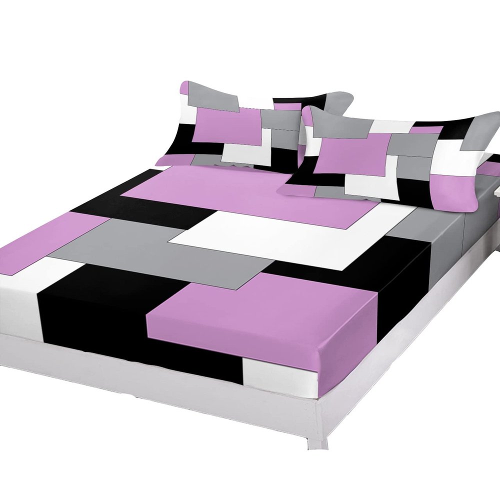 3 Piece Queen Fitted Sheet Set Mid Century Abstract Geometric Color Block 3 D Black Gray, Deep Pocket Up to 16", Soft Elastic Bed Sheets and Pillow Cases Secure Fit